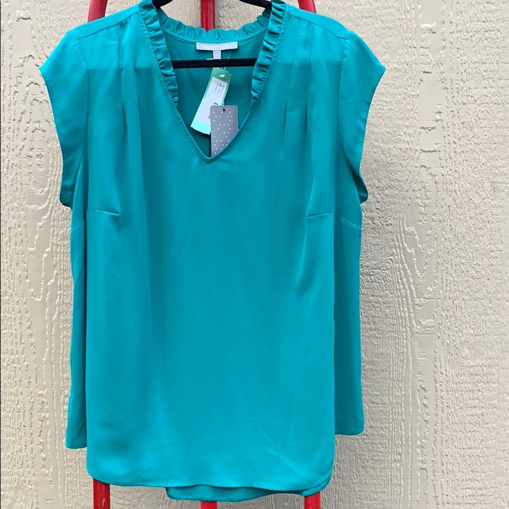 Green ruffle v-neck Daniel Rainn cap sleeve blouse